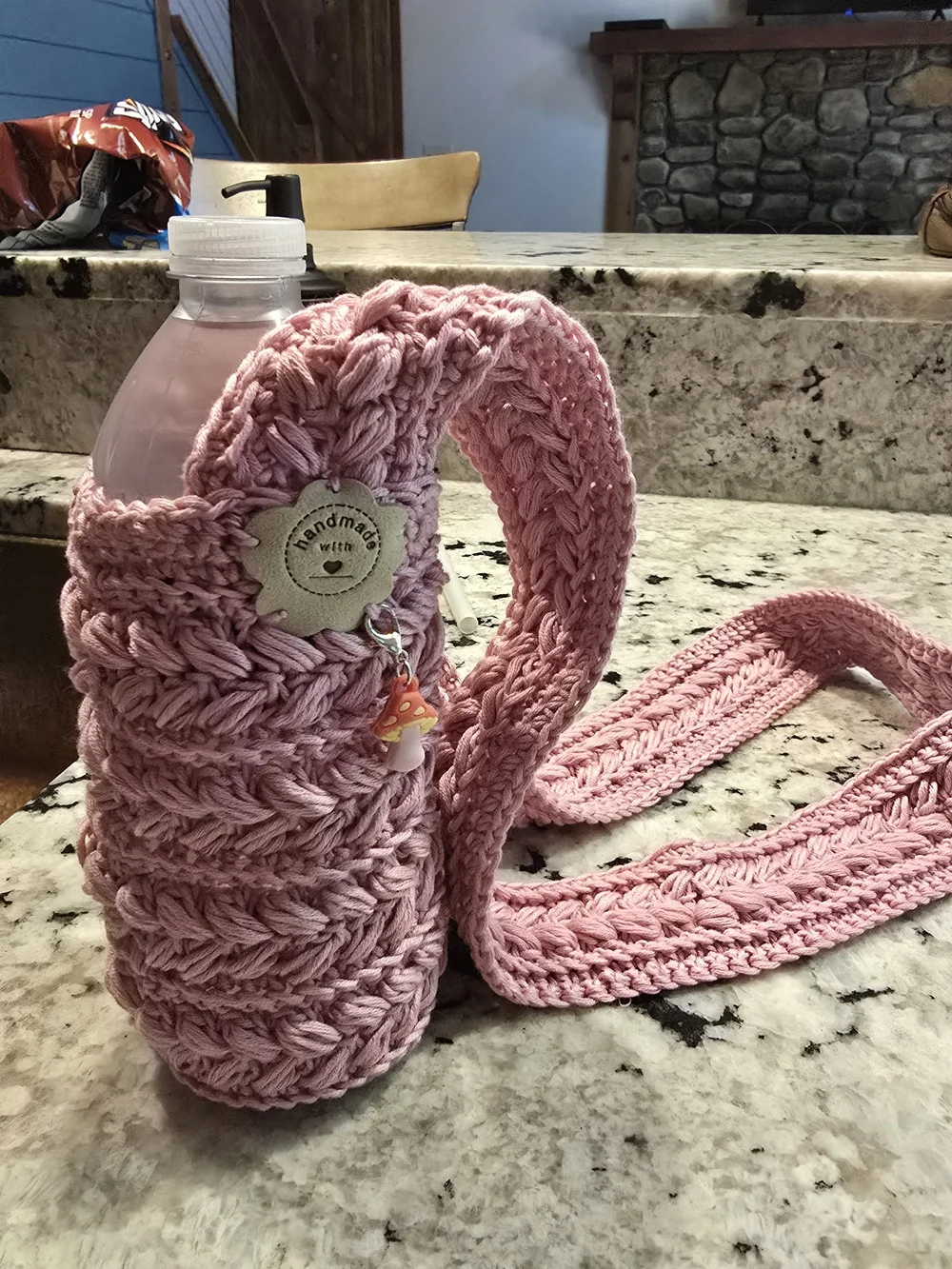 Handmade Rose Crochet Water Bottle Carrier with Cross Body Strap